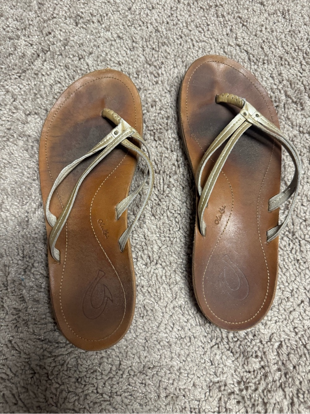 OluKai Women's Brown Leather Sandals with Metallic Straps